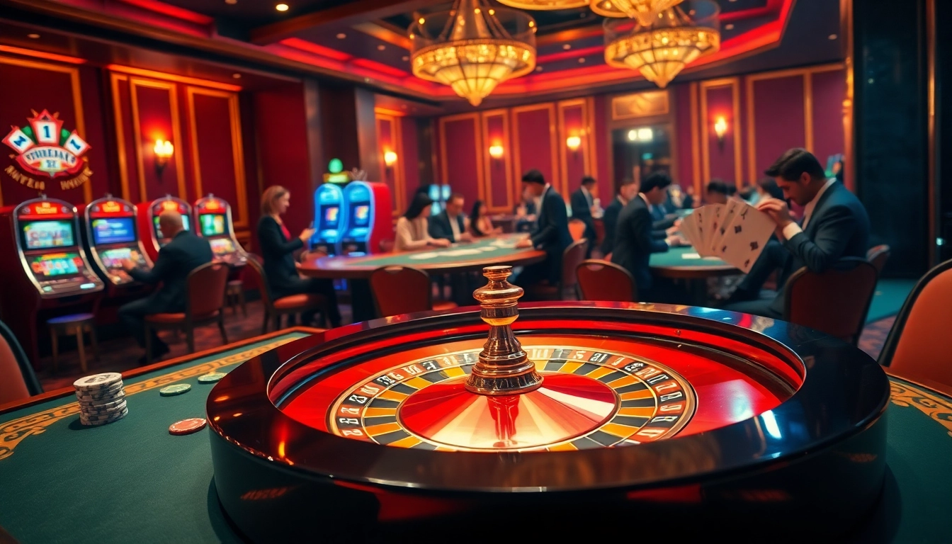 The thrilling atmosphere at a casino showcasing a roulette table and winning cards, exemplifying the 13 win concept.