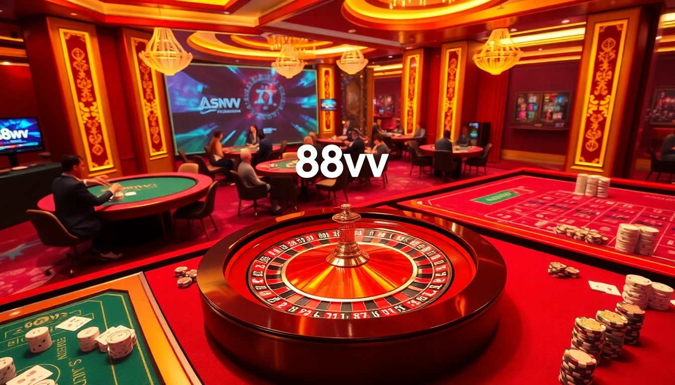 Experience the thrilling ambiance of 88vv's online casino with poker chips and roulette wheel.