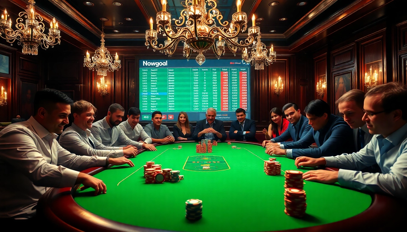 Gambling enthusiasts playing poker at a vibrant Nowgoal-themed casino table, highlighting excitement and strategy.