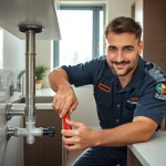 NYC emergency plumber & sewer fixing a burst pipe in a modern kitchen, highlighting urgency and professionalism.