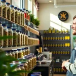 Cost for ounce of weed displayed attractively in a cannabis shop with vibrant colors.