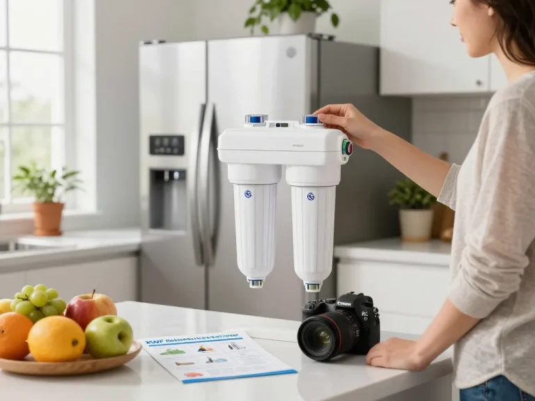 Overbest XWF Replacement for GE® XWF Refrigerator Water Filter being installed in a modern kitchen to ensure clean drinking water.