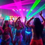 Engaging Miami rave scene with dancers showcasing vibrant energy and bright lights.