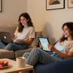 Engaging NSFW AI chat scene with young adults enjoying playful online interaction.