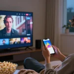 Young person using Pikashow app for streaming movies on a cozy couch.