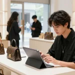 Browsing high-quality 레플리카 products in a modern retail environment, stylish shopper engaged with luxury replicas.