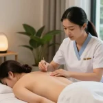 Healing session at 영통한의원 with acupuncture treatment in a serene clinic environment.