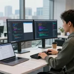 OpenClaw software development workspace with dual monitors, code, and documentation