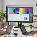 Team collaborating on mixboard ai project in vibrant office with moodboards and tech.