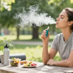 Disposable weed vape UK in a natural outdoor wellness scene with hemp plant and healthy snacks.