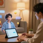 Engaging scene with user chatting with CrushOn AI character in cozy room, showcasing interactive AI experience.