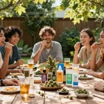 Experience the benefits of pre roll cannabis in a natural wellness gathering with CBD products and refreshing snacks.