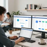 Workspace featuring WPS Official Website on screens with young professionals collaborating.