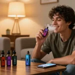 Hayati promax vape enthusiast trying different e-liquid flavors in a cozy living room setting.