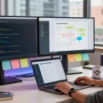 Experience the innovative workspace for Telegram's software development with vibrant tech elements