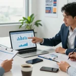 Team reviewing asset tracing software in a modern corporate setting, emphasizing collaboration and financial analysis.