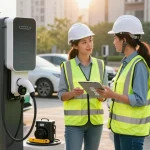 Portable ev charger supplier showcasing an engineer installing a modern EV charging station in an urban setting.