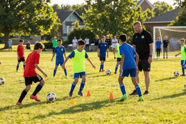 Youth soccer players training at mequonsoccerclub.com under a coach's guidance, vibrant uniforms and dynamic drills.