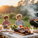 Delicious smoked meats from rokok88 grilled outdoors during a family BBQ.