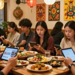 Cultural engagement at https://hanadultalk.com showcasing Asian foods and entertainment connecting with the Spanish-speaking community in a lively café atmosphere.