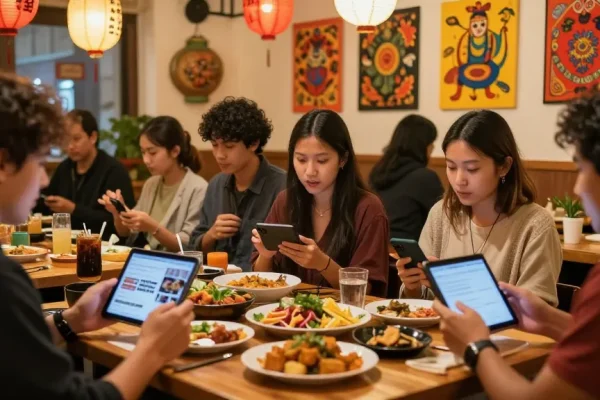Cultural engagement at https://hanadultalk.com showcasing Asian foods and entertainment connecting with the Spanish-speaking community in a lively café atmosphere.