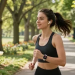 Wanita muda memakai Fitbit Luxe dari https://www.polarfitbitshop.com/fitbit-luxe/ saat jogging di taman yang indah.